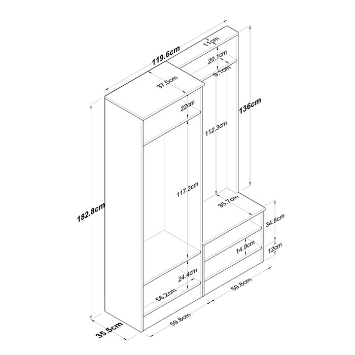 Hanah Home P6 - M5 - 2423 Recibidor con Perchero Blanco y Nogal 119.6x182.8x35.5 cm